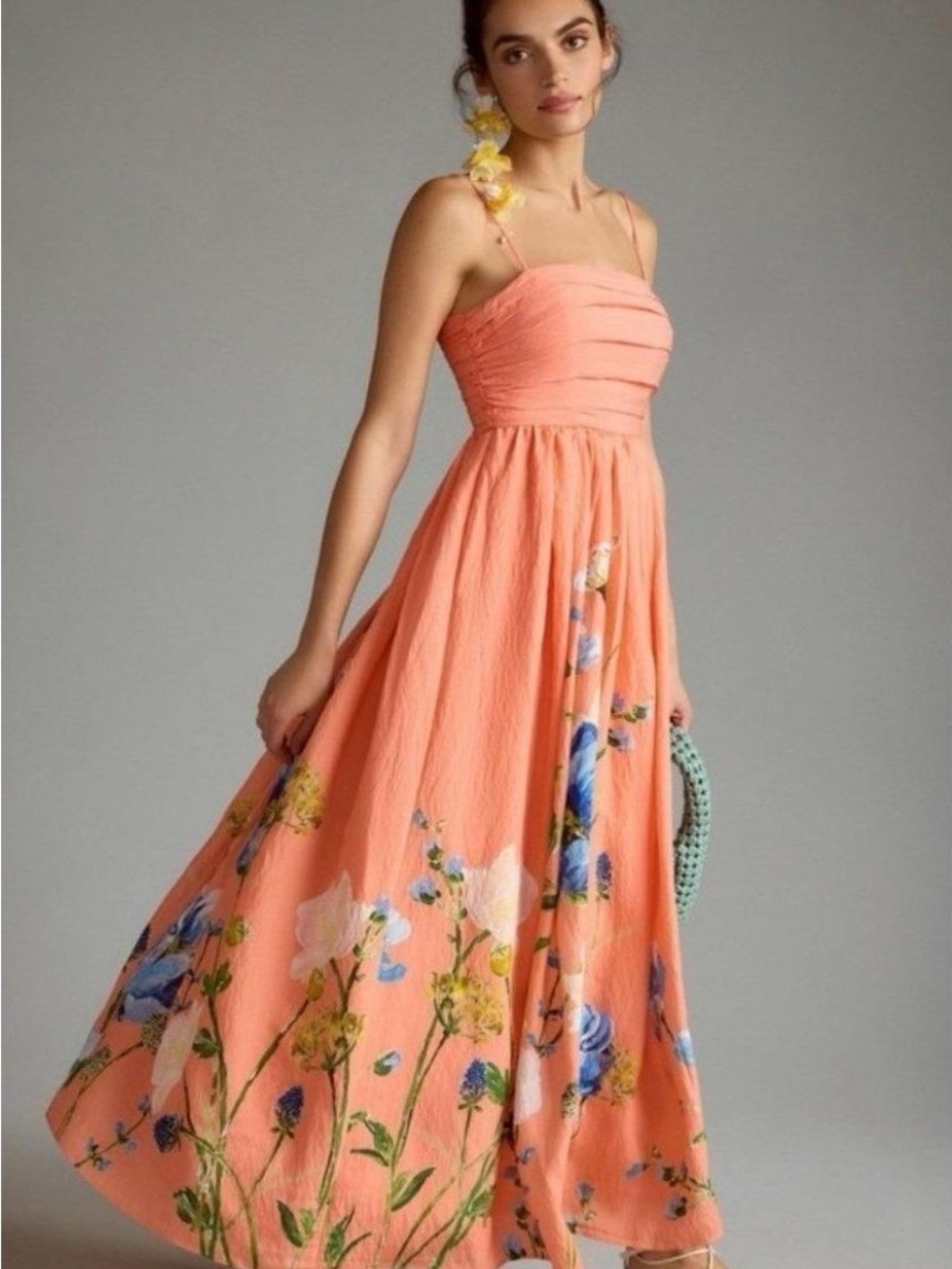 NWT Anthropologie Sunset Coral Floral Maxi Dress with Spaghetti Straps